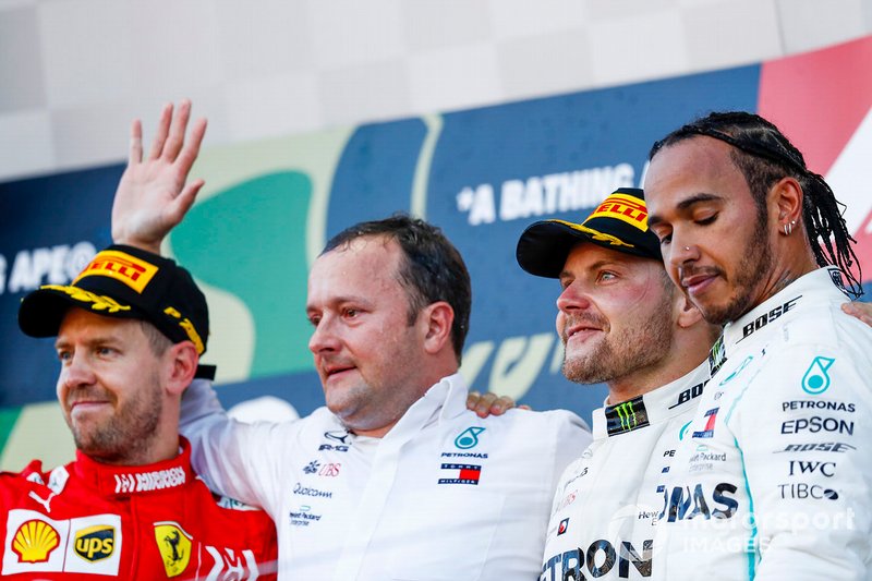 Sebastian Vettel, Ferrari, Eric Blandin, Chief Aerodynamicist, Mercedes AMG, Valtteri Bottas, Mercedes AMG F1, 1st position, and Lewis Hamilton, Mercedes AMG F1, 3rd position, on the podium