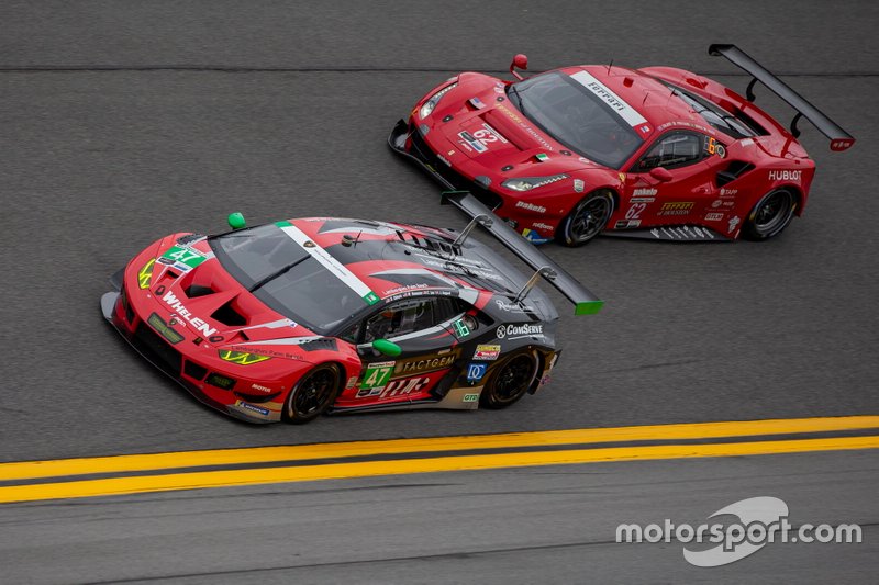 #47 Precision Performance Motorsports Lamborghini Huracan GT3: Brandon Gdovic, Eric Lux, Johnathan Hoggard, Mark Kvamme, #62 Risi Competizione Ferrari 488 GTE: James Calado, Alessandro Pier Guidi, Daniel Serra, Davide Rigon