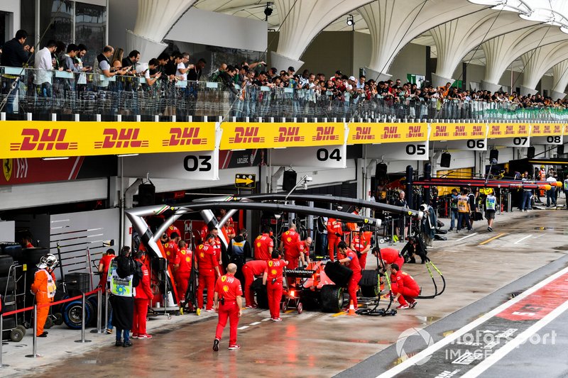 Charles Leclerc, Ferrari SF90, in the pits during practice