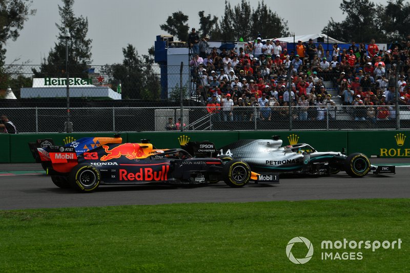 Lewis Hamilton, Mercedes AMG F1 W10, leads Max Verstappen, Red Bull Racing RB15