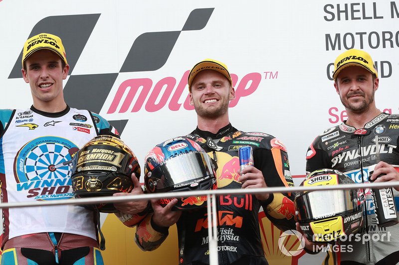 Podio: Brad Binder, KTM Ajo, secondo classificato Alex Marquez, Marc VDS Racing, terzo classificato Thomas Luthi, Intact GP, gara Moto2