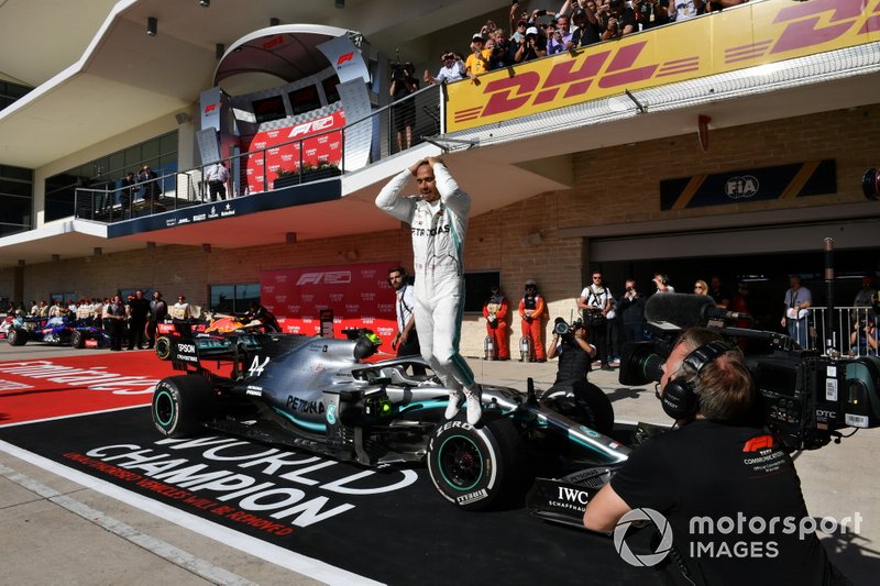 Lewis Hamilton, Mercedes AMG F1, 2nd position, celebrates in Parc Ferme after securing the world drivers championship title for a sixth time