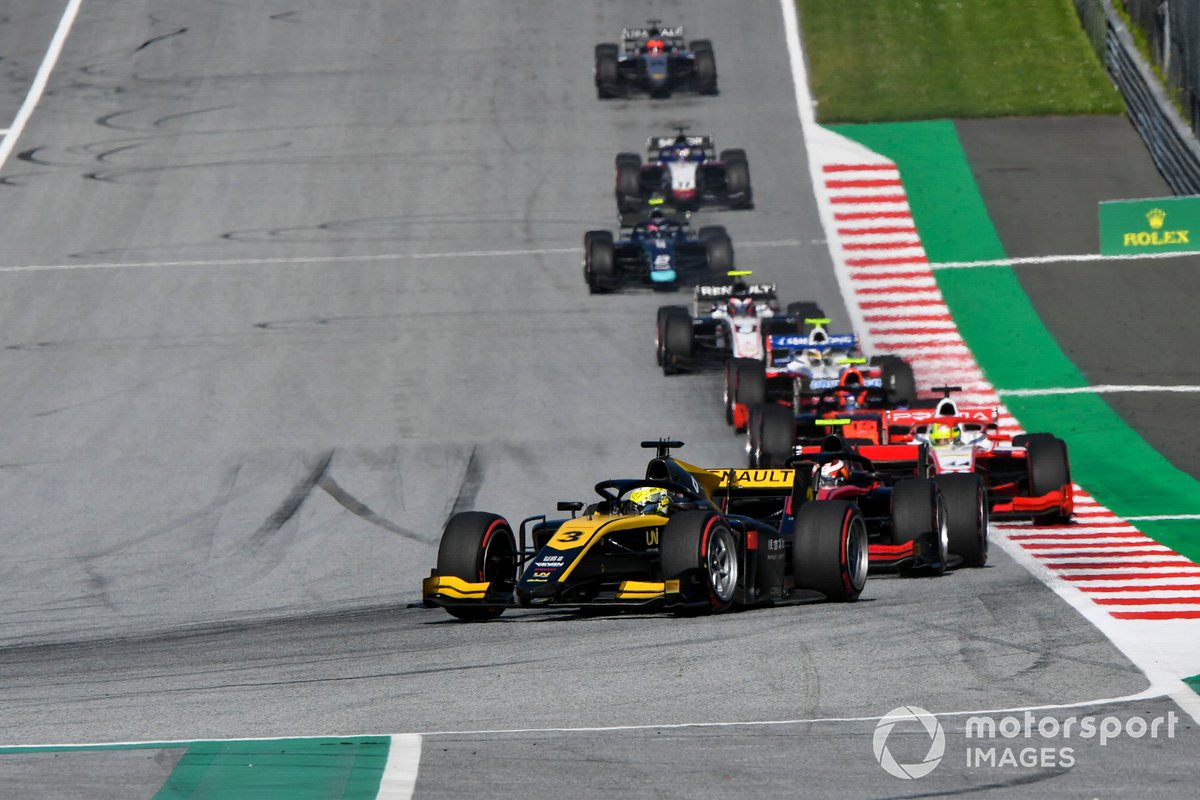 Guanyu Zhou, UNI-Virtuosi, leads Callum Ilott, UNI-Virtuosi, Mick Schumacher, Prema Racing, and Felipe Drugovich, MP Motorsport