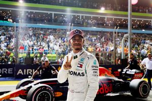 Lewis Hamilton, Mercedes AMG F1 W09 EQ Power+, celebrates after taking Pole Position