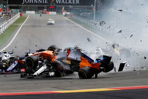 Fernando Alonso, McLaren MCL33, crashes over Charles Leclerc, Sauber C37, after contact from Nico Hulkenberg, Renault Sport F1 Team R.S. 18, at the start