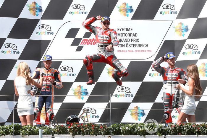 Podio: 1º Jorge Lorenzo, Ducati Team, 2º Marc Marquez, Repsol Honda Team, 3º Andrea Dovizioso, Ducati Team