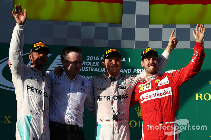 2016: 1. Nico Rosberg, 2. Lewis Hamilton, 3. Sebastian Vettel