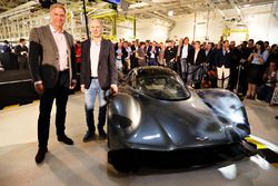 Marek Reichman- Executive Vice President & Chief Creative Officer, Aston Martin Lagonda Ltd and Adrian Newey, the Chief Technical Officer of Red Bull Racing stand next to the AM-RB 001 at the Aston Martin and Red Bull Racing Project AMRB 001 Unveil