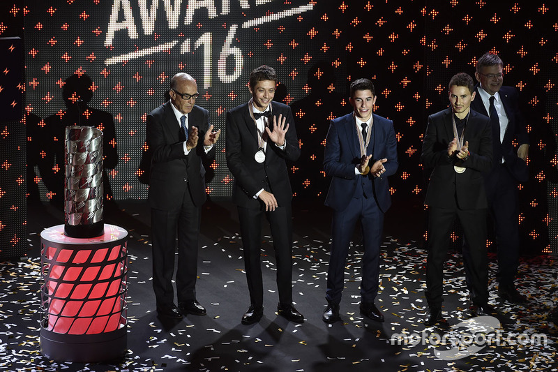Carmelo Ezpeleta, CEO Dorna Sports, Valentino Rossi, Yamaha Factory Racing, Marc Marquez, Repsol Honda Team, Jorge Lorenzo, Yamaha Factory Racing