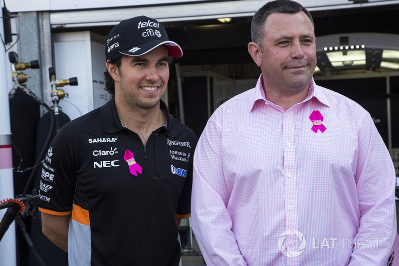 Sergio Perez, Force India and Andy Harris, Breast Cancer Care Director at the reveal of the the Breast Cancer Care partnership with Force India F1