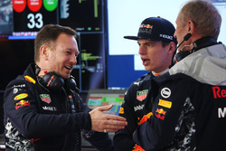 Christian Horner, Team Principal, Red Bull Racing, talks to Max Verstappen, Red Bull Racing, and Helmut Markko, Consultant, Red Bull Racing, in the Red Bull garage