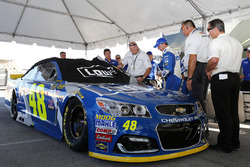The car of Jimmie Johnson, Hendrick Motorsports Chevrolet pulled for reinspection before the race