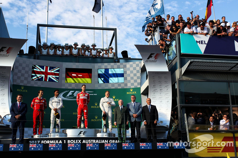 Podium: winner Sebastian Vettel, Ferrari, second place Lewis Hamilton, Mercedes AMG F1, third place Valtteri Bottas, Mercedes AMG F1