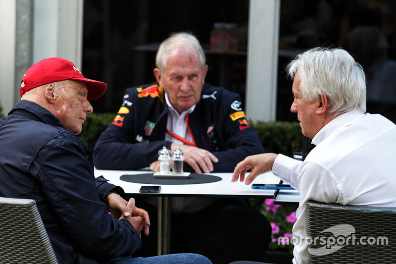 Niki Lauda, Mercedes Non-Executive Chairman with Dr. Helmut Marko, Red Bull Motorsport Consultant and Charlie Whiting, FIA Delegate