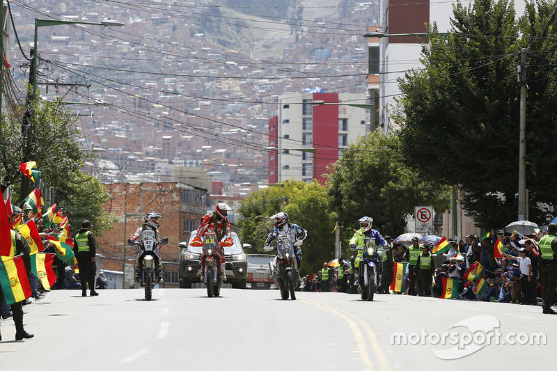 #42 Hero MotoSports Team Rally: CS Santosh, #8 Himoinsa Racing Team KTM: Gerard Farrés, #87 Team Pedrega KTM: Cristian España, #12 Sherco TVS Rally Factory: Joan Pedrero
