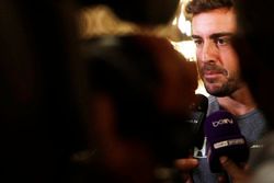 Fernando Alonso talks to the media after announcing his deal to race in the 2017 Indianapolis 500 in an Andretti Autosport run McLaren Honda car