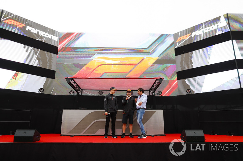 Stoffel Vandoorne, McLaren, and Fernando Alonso, McLaren, are interviewed on stage