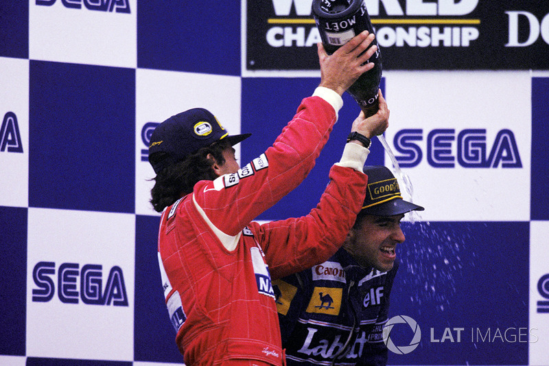 Race winner Ayrton Senna, McLaren, second place Damon Hill, Williams