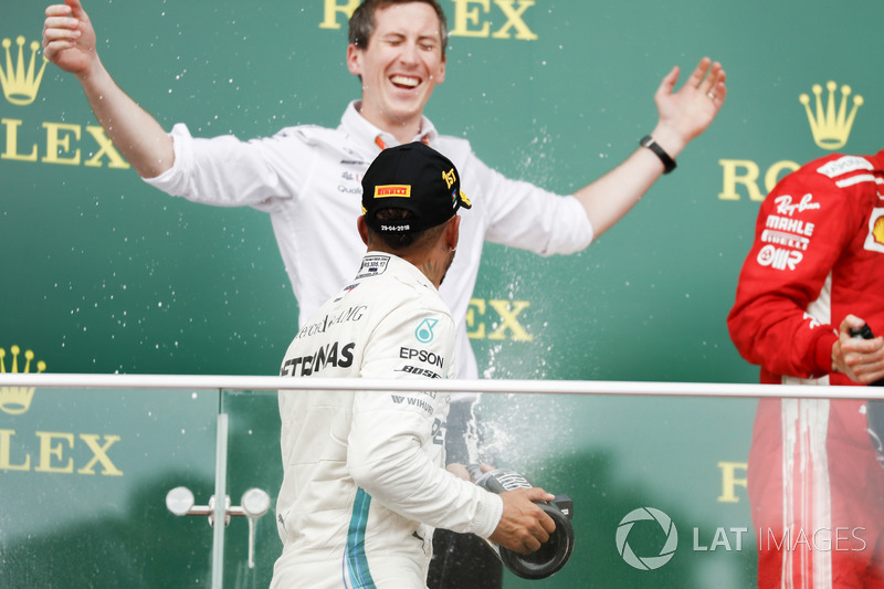 Lewis Hamilton, Mercedes AMG F1, 1st position, sprays Champagne on the podium