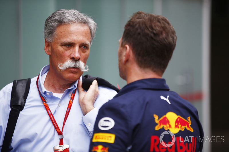 Chase Carey, Chairman, Formula One, talks with Christian Horner, Team Principal, Red Bull Racing