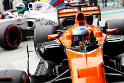 Fernando Alonso, McLaren MCL32, celebrates as he returns to Parc Ferme with Felipe Massa, Williams F