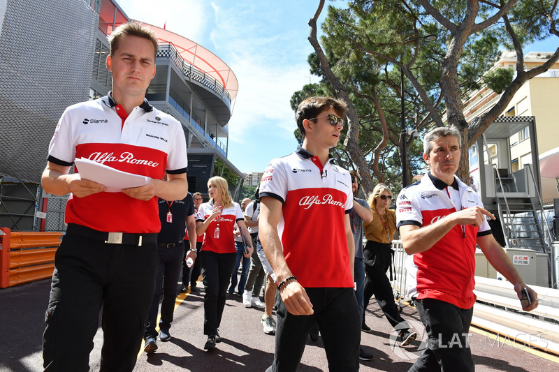 Charles Leclerc, Sauber walks the track with Xevi Pujolar, Sauber Head of Track Engineering
