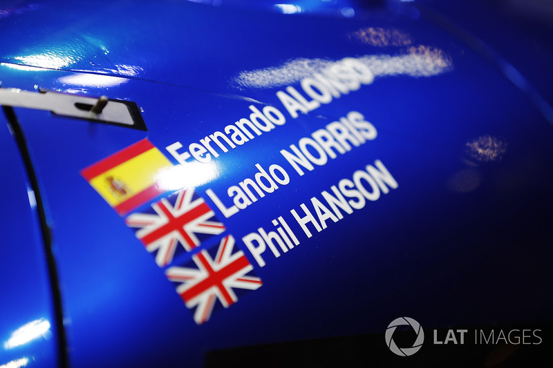 The names of Fernando Alonso, Lando Norris and Phil Hanson on a United Autosports sportscar