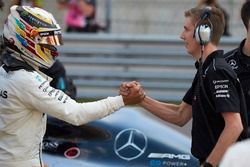 Lewis Hamilton, Mercedes AMG F1, celebrates after securing pole position