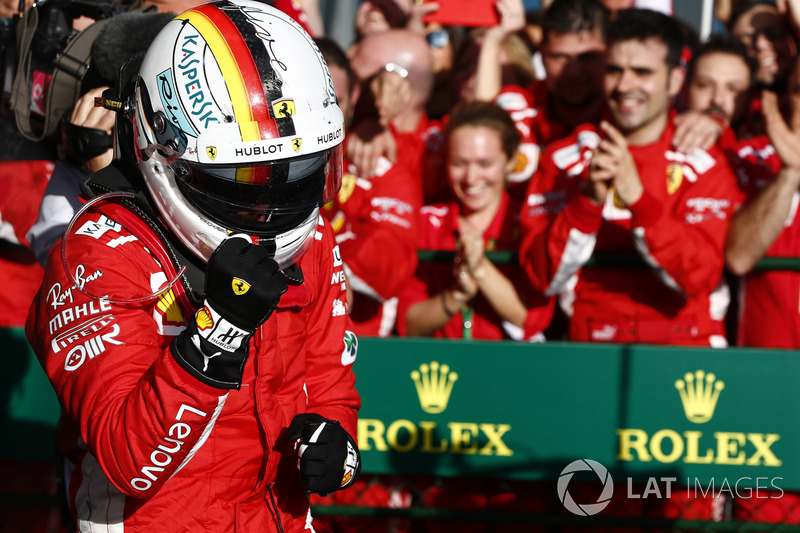 Sebastian Vettel, Ferrari, 1st position. celebrates victory on arrival in Parc Ferme