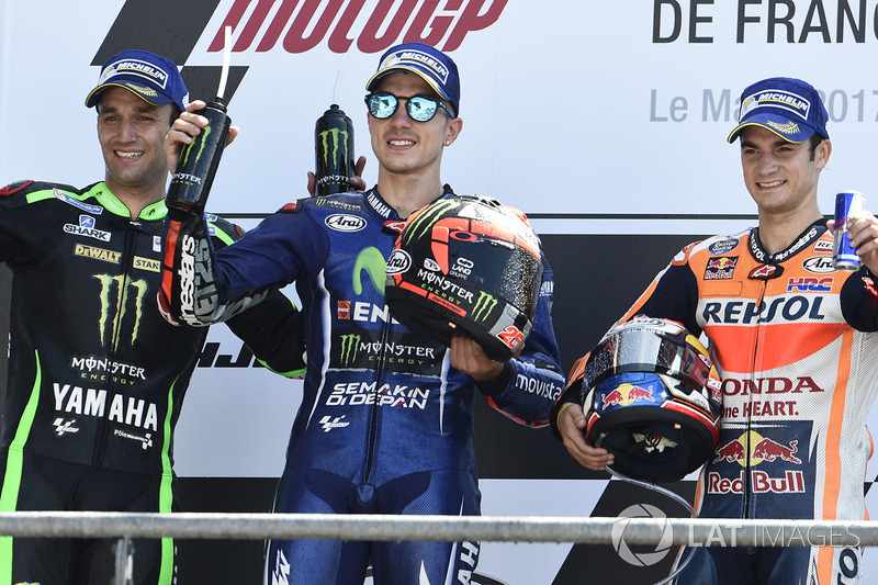 Podio: 1º Maverick Viñales, 2º Johann Zarco, 3º Dani Pedrosa