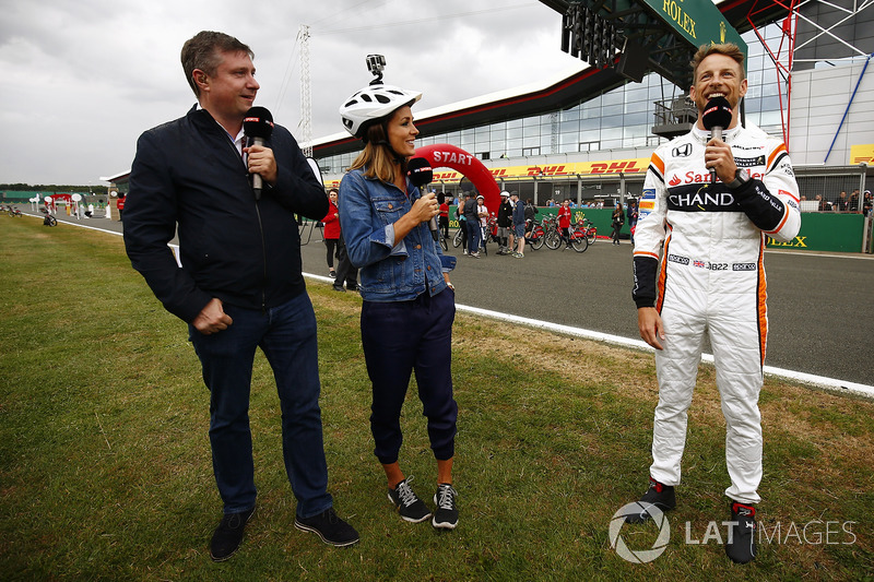 L-R: Sky pundit David Croft, Natalie Pinkham and Jenson Button, McLaren