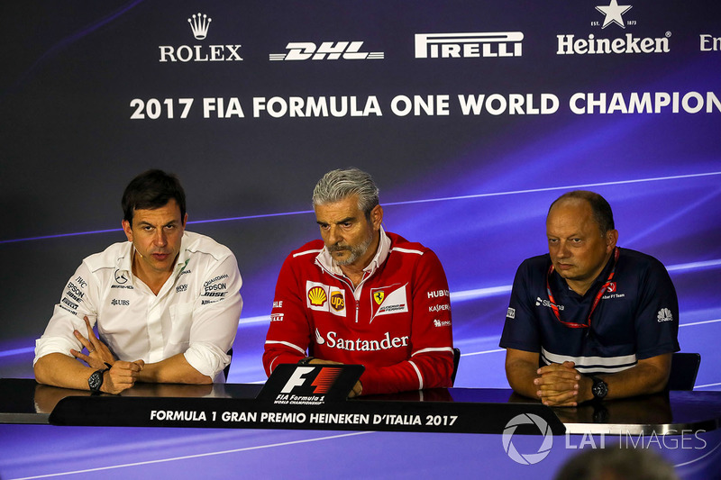 Toto Wolff, Mercedes AMG F1 Director of Motorsport, Maurizio Arrivabene, Ferrari Team Principal and Frederic Vasseur, Sauber Team Principal in the Press Conference