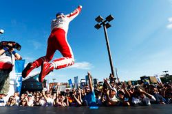 Felix Rosenqvist, Mahindra Racing, jumps onto the podium