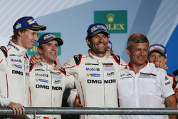 Podium: race winners Timo Bernhard, Mark Webber, Brendon Hartley, Fritz Enzinger, Vice President LMP1, Porsche Team