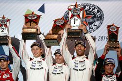 Podium: race winners Timo Bernhard, Mark Webber, Brendon Hartley, Porsche Team