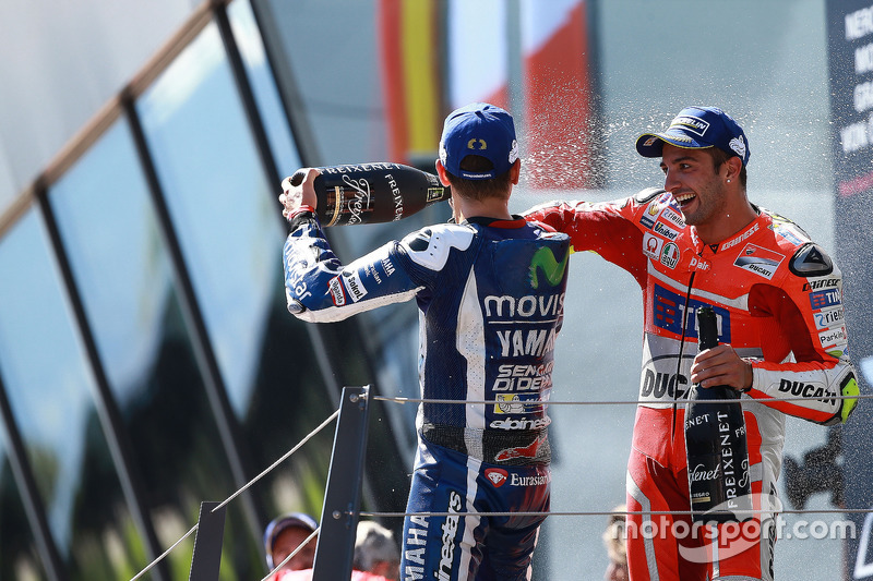 Race winner Andrea Iannone, Ducati Team, third place Jorge Lorenzo, Yamaha Factory Racing