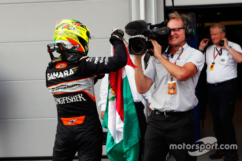 Sergio Perez, Sahara Force India F1 celebrates his third position in parc ferme