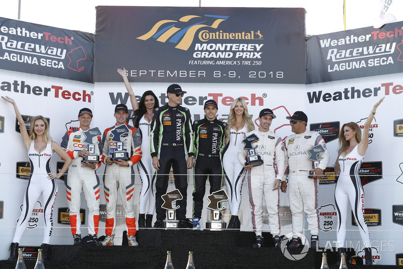 #54 CORE autosport ORECA LMP2, P: Jon Bennett, Colin Braun, #22 Tequila Patron ESM Nissan DPi, P: Pipo Derani, Johannes van Overbeek, #6 Acura Team Penske Acura DPi, P: Dane Cameron, Juan Pablo Montoya, podium
