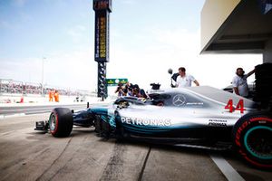 Lewis Hamilton, Mercedes AMG F1 W09, exits the pit lane.