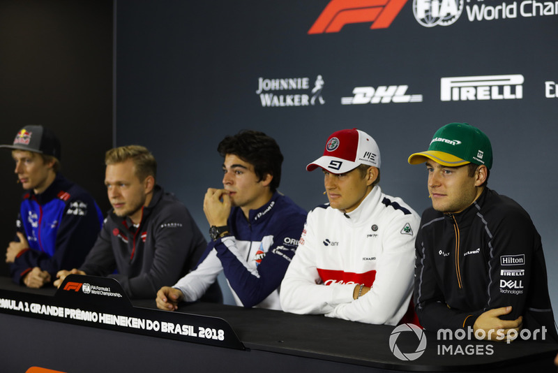 Brendon Hartley, Toro Rosso, Kevin Magnussen, Haas F1 Team, Lance Stroll, Williams Racing, Marcus Ericsson, Sauber, and Stoffel Vandoorne, McLaren, in the Thursday press conference