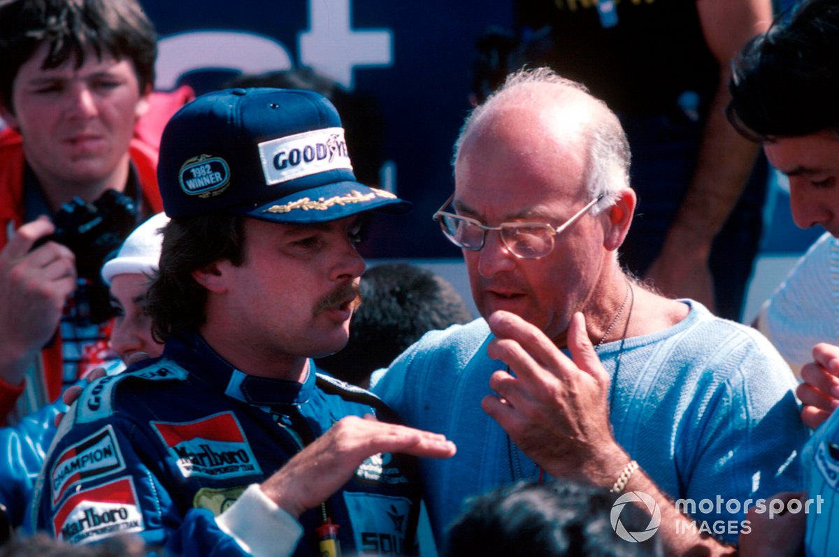 Murray chats to Keke Rosberg after his maiden F1 victory at Dijon in 1982.