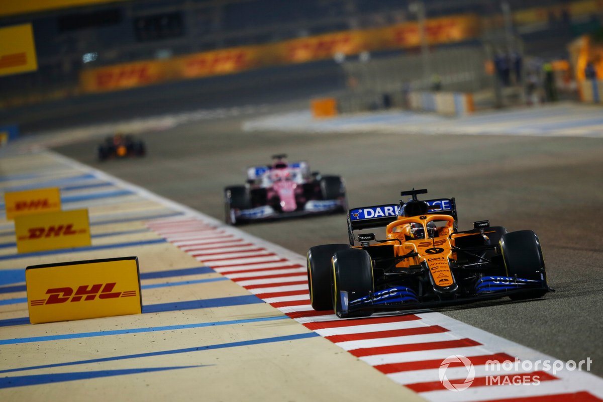 Carlos Sainz Jr., McLaren MCL35, Sergio Perez, Racing Point RP20