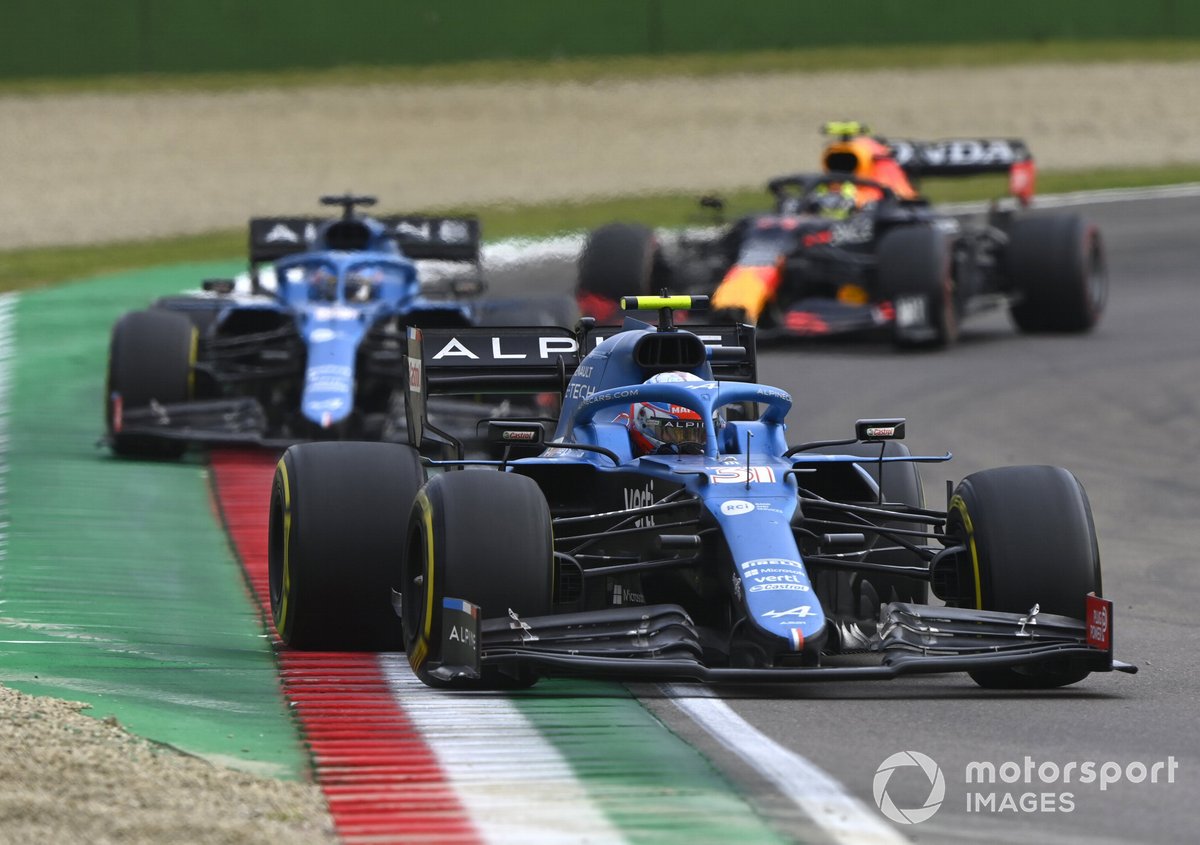 Esteban Ocon, Alpine A521, Fernando Alonso, Alpine A521, and Sergio Perez, Red Bull Racing RB16B