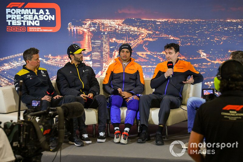 Marcin Budkowski, Renault F1 Team, Daniel Ricciardo, Renault F1, Carlos Sainz Jr., McLaren, e James Key, Technical Director, McLaren in conferenza stampa