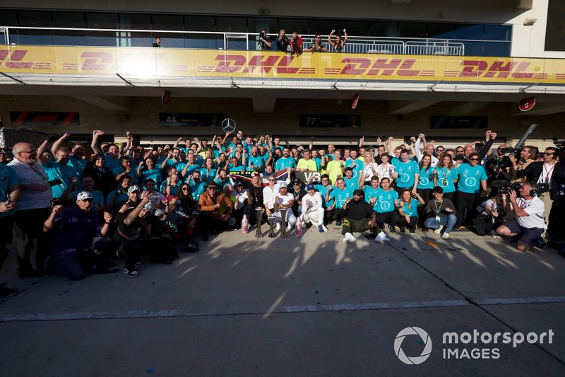 Lewis Hamilton, Mercedes AMG F1, celebrates winning the world championship with colleagues and actor Matthew McConaughey