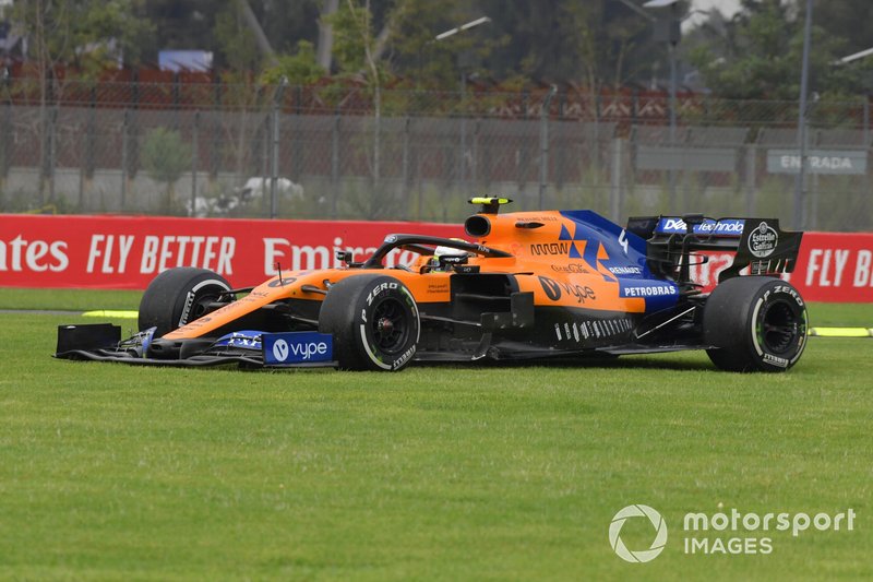 Lando Norris, McLaren MCL34, on the grass