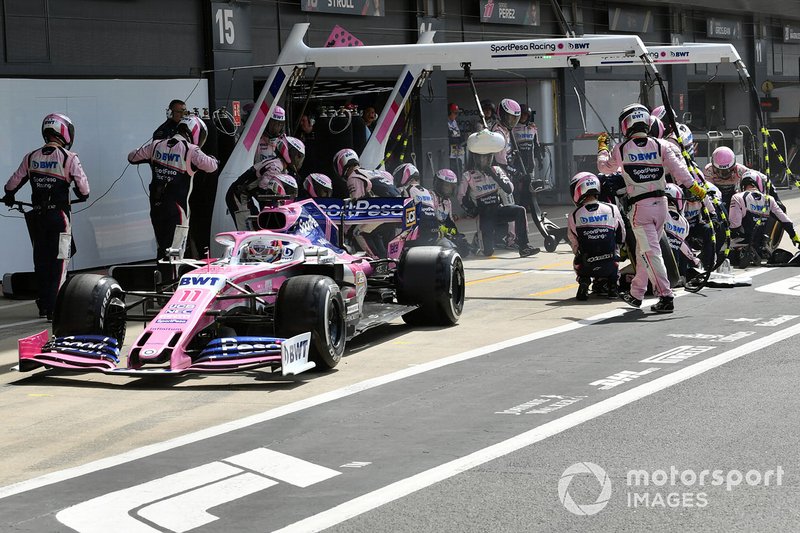 Sergio Perez, Racing Point RP19, leaves his pit box after a stop