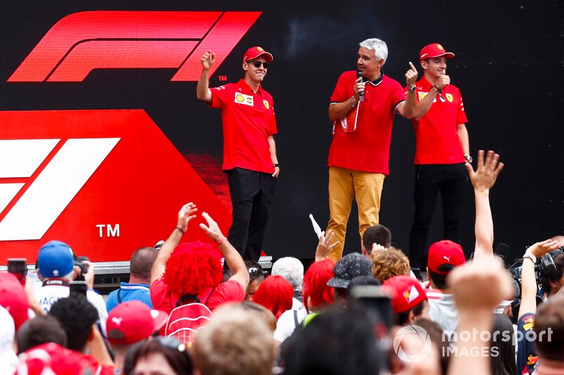Sebastian Vettel, Ferrari and Charles Leclerc, Ferrari on stage in the fan zone