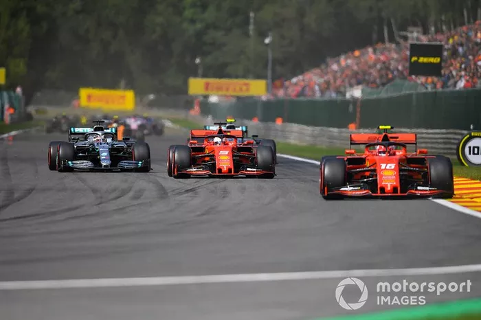 Charles Leclerc, Ferrari SF90, leads Sebastian Vettel, Ferrari SF90, Lewis Hamilton, Mercedes AMG F1 W10 and Valtteri Bottas, Mercedes AMG W10