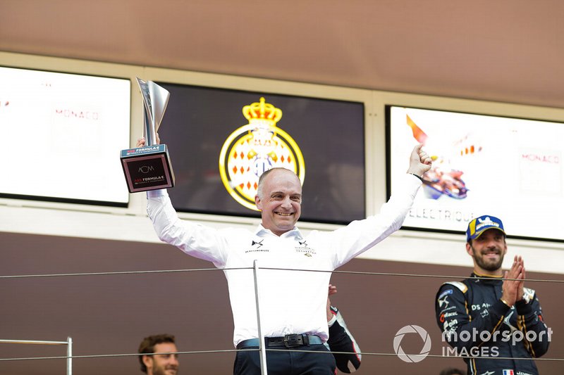 Xavier Mestelan Pinon, DS Performance Director celebrates victory with the constructor's trophy on the podium